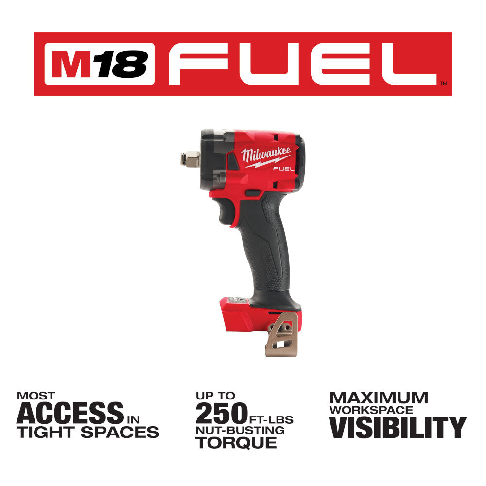 Red and black Milwaukee M18 FUEL compact impact wrench with friction ring socket attachment.