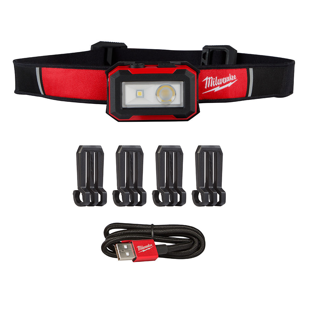 Red and black Milwaukee headlamp with dual LED lights, elastic head strap, four mounting clips, and USB charging cable.