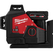 Milwaukee M12 green 360-degree 3-plane laser level with red and black housing, control buttons, and carrying case.