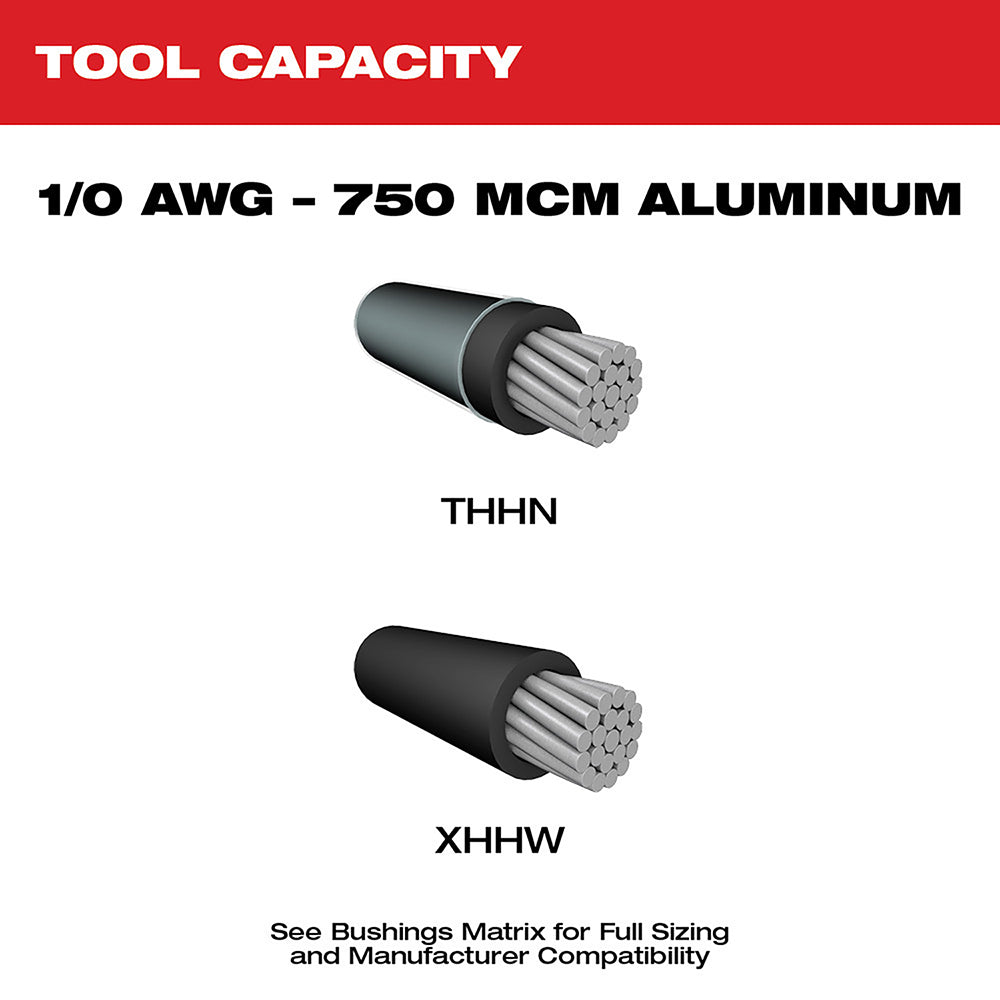 Diagram showing 1/0 AWG aluminum THHN and XHHW cable cross-sections with tool capacity specifications.