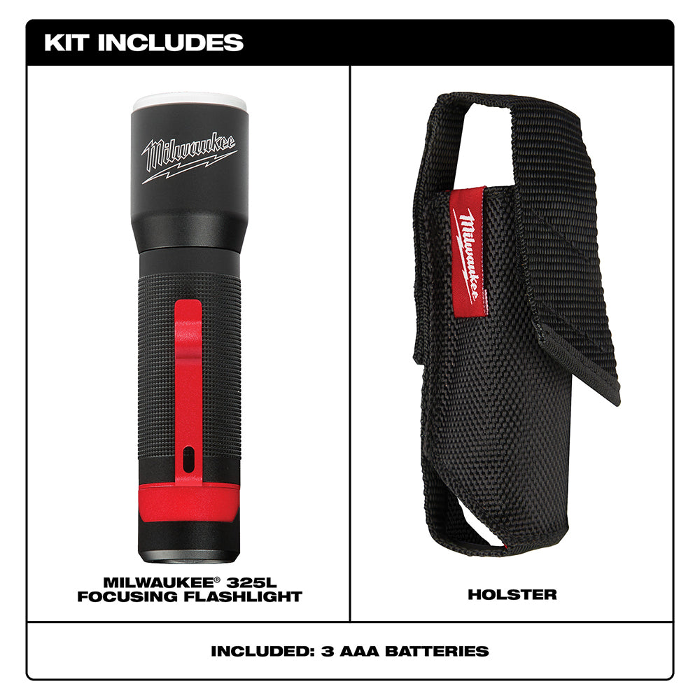 Black and red Milwaukee LED flashlight with textured grip and black mesh holster with carrying handle.