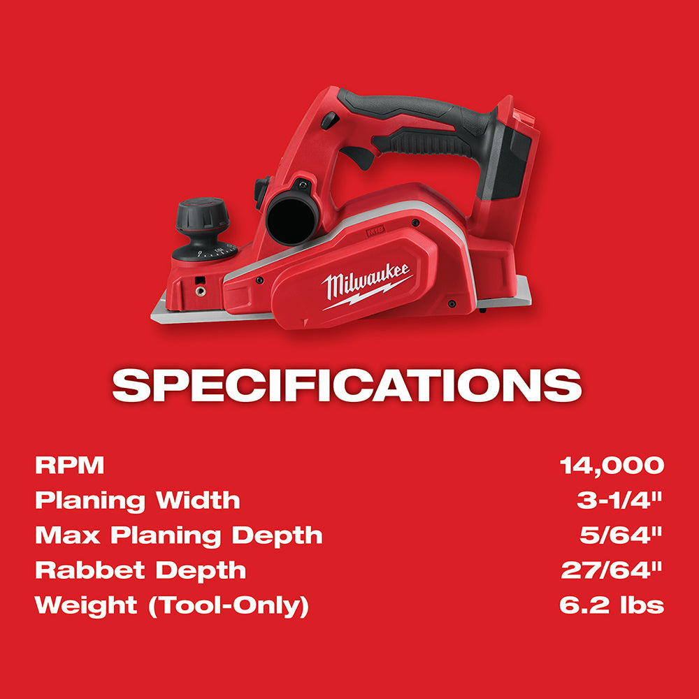 Red and black Milwaukee M18 cordless planer with grip handle and adjustment knob against red background.
