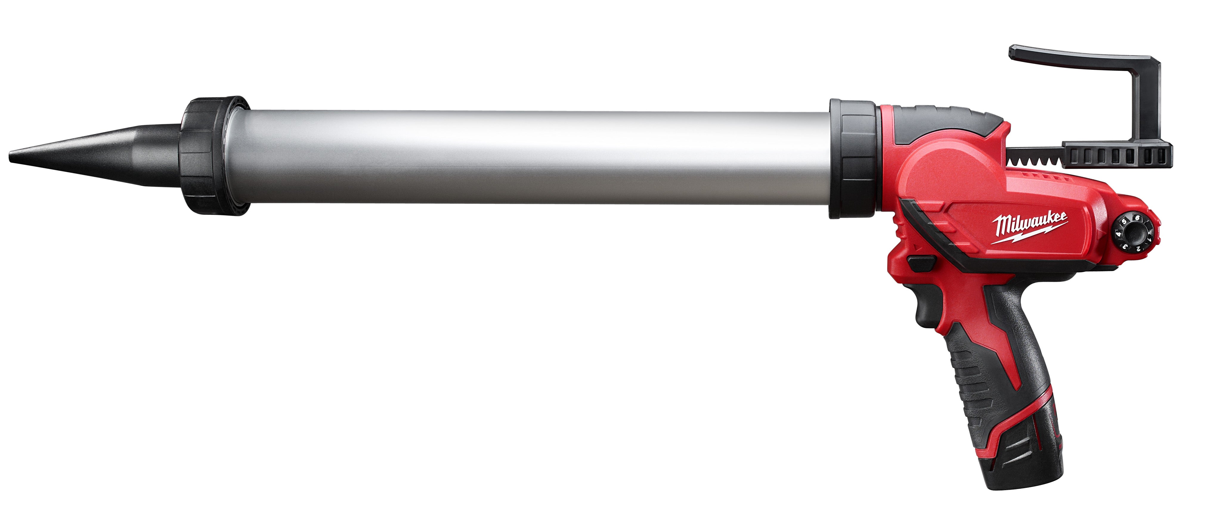 Red and black Milwaukee caulk gun with aluminum barrel and black nozzle attachment.