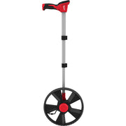 Red and black digital measuring wheel with silver shaft, black wheel, and red center hub.