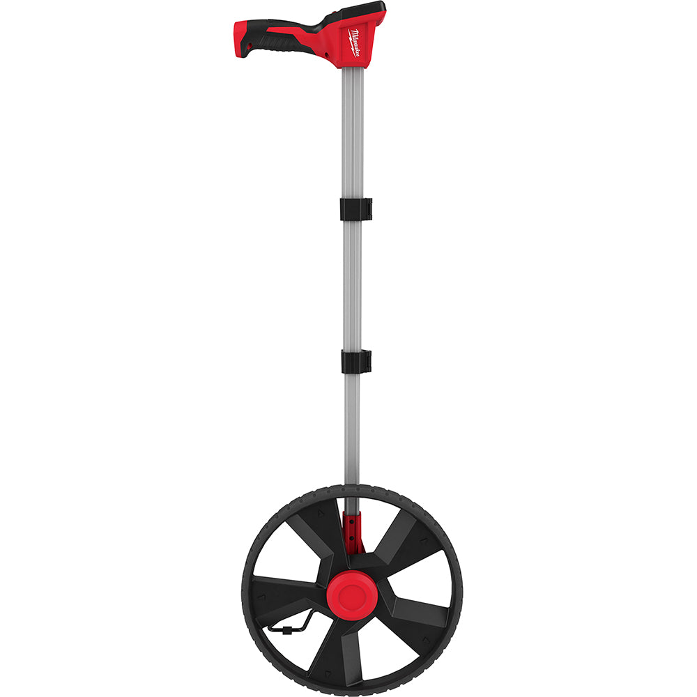 Red and black digital measuring wheel with silver shaft, black wheel, and red center hub.