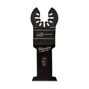 Black Milwaukee oscillating multi-tool wood blade with HCS material, model 1101, featuring dual cutting heads and serrated bo