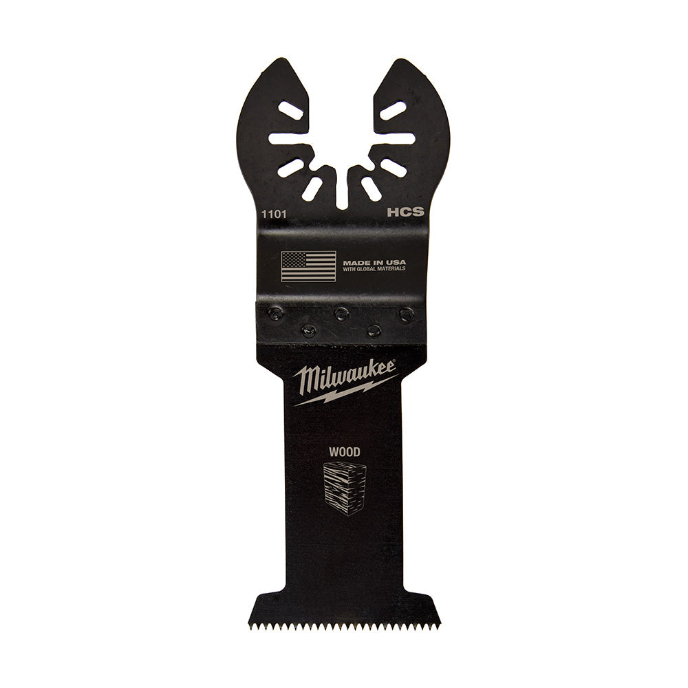 Black Milwaukee oscillating multi-tool wood blade with HCS material, model 1101, featuring dual cutting heads and serrated bo