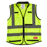 High-visibility yellow safety vest with gray reflective strips, black trim, front zipper, and multiple pockets in L/XL size.