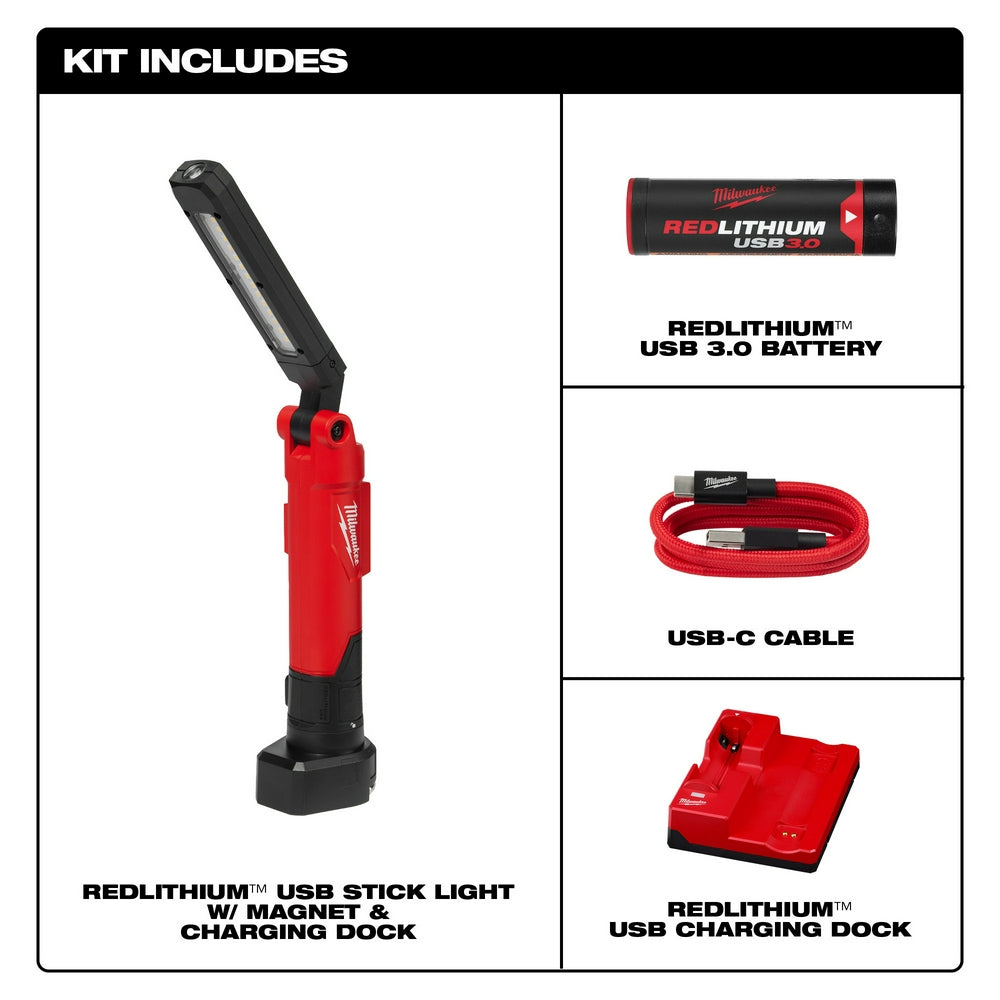Red and black Milwaukee REDLITHIUM USB stick light with magnetic base, battery, charging cable, and dock included.