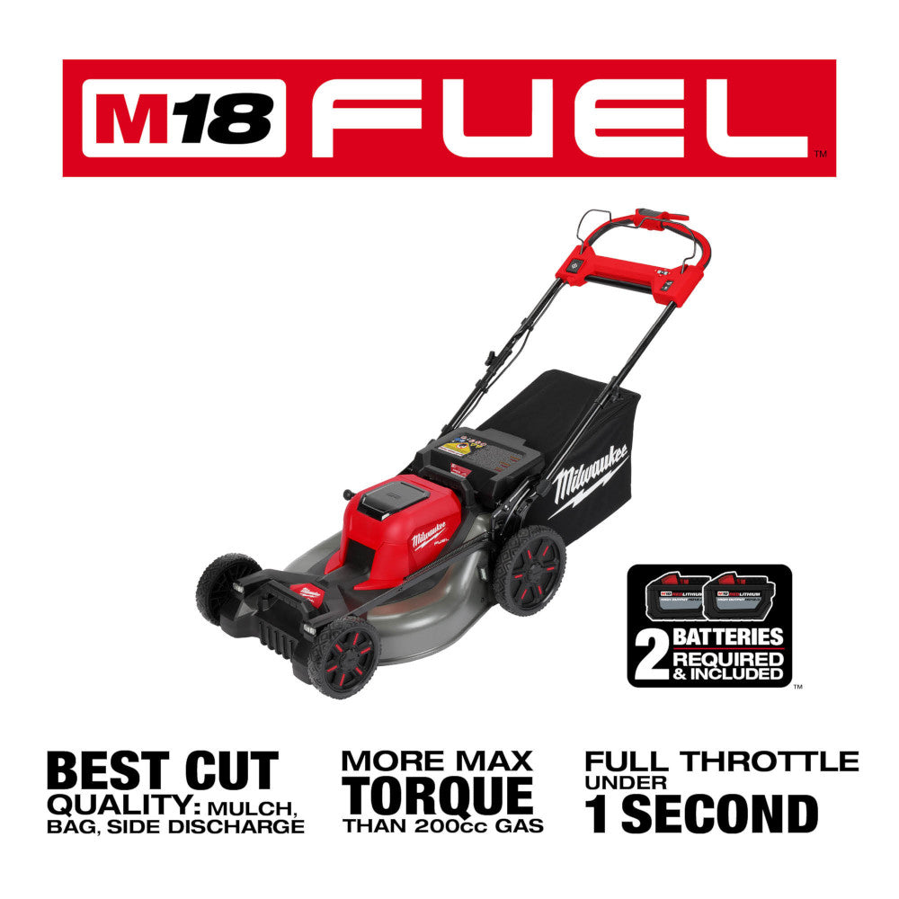 Red and black Milwaukee M18 FUEL self-propelled lawn mower with dual battery system and push handle.