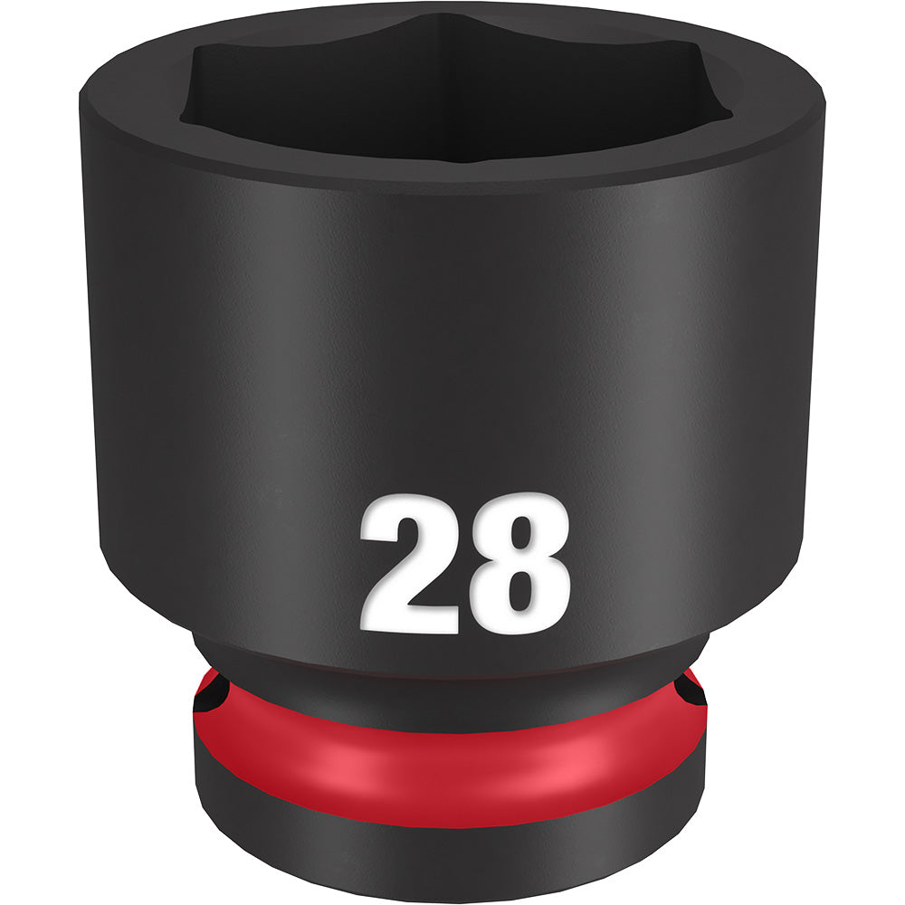 Black 28MM socket with six-point opening and red grip band on 1/2" drive base.