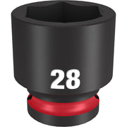 Black 28MM socket with six-point opening and red grip band on 1/2" drive base.