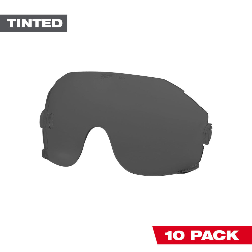 Dark tinted eye visor replacement lens with curved wraparound design and side attachment points.