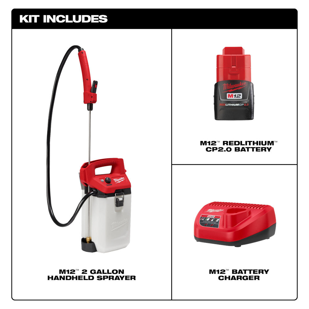 Red and white M12 handheld sprayer with black hose, M12 battery, and charger included in kit.