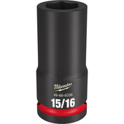 Black Milwaukee Shockwave Impact Duty socket with 3/4" drive, 15/16" size, and red grip band.