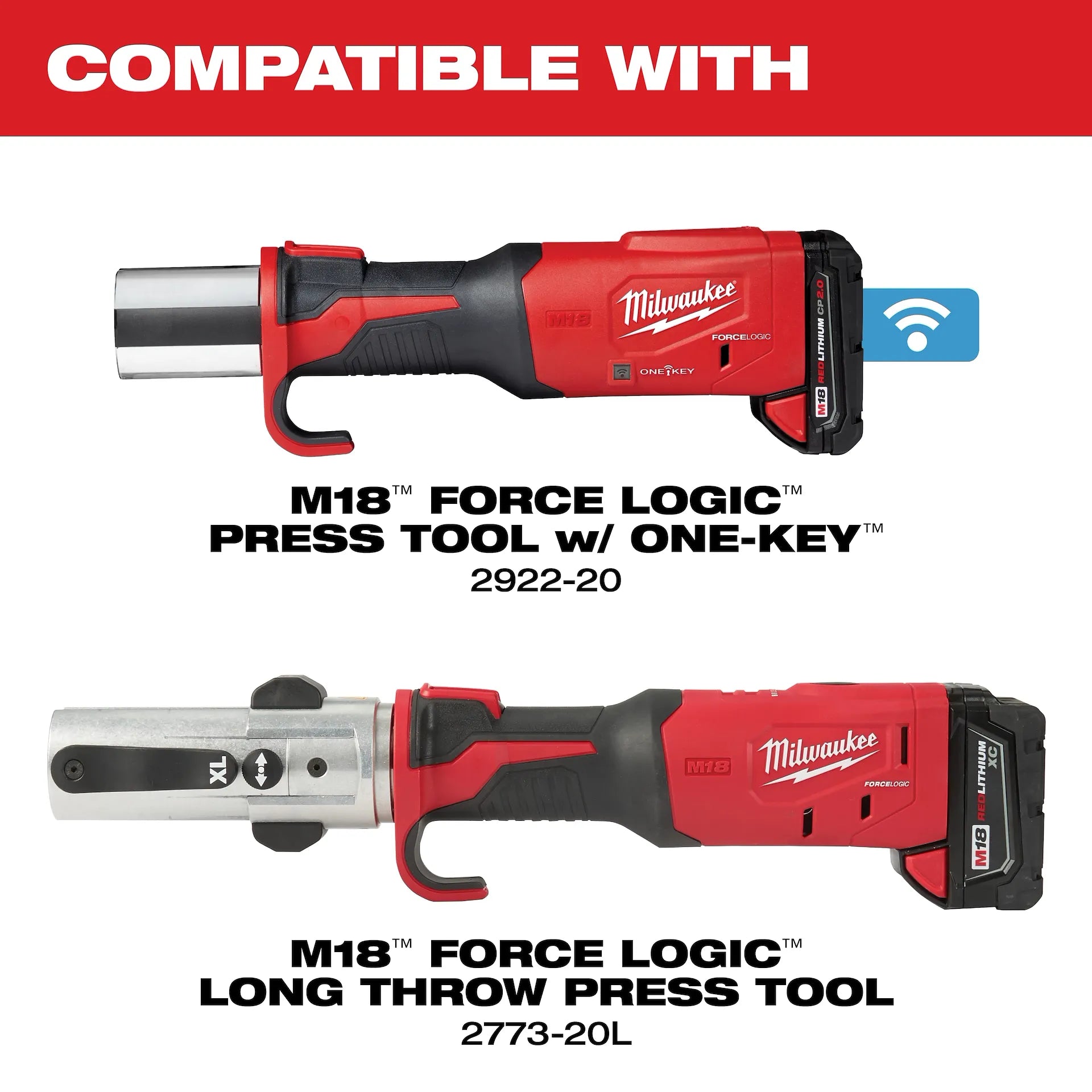 Milwaukee M18 Force Logic press tools with red and black bodies shown with compatible press ring attachment for 1-1/4 to 2 in
