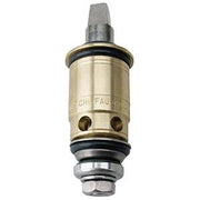 Brass cylindrical metering cartridge with black rubber seals, brass valve body, and metal stem connector at top.