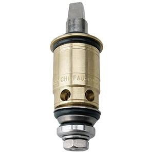 Brass cylindrical metering cartridge with black rubber seals, brass valve body, and metal stem connector at top.