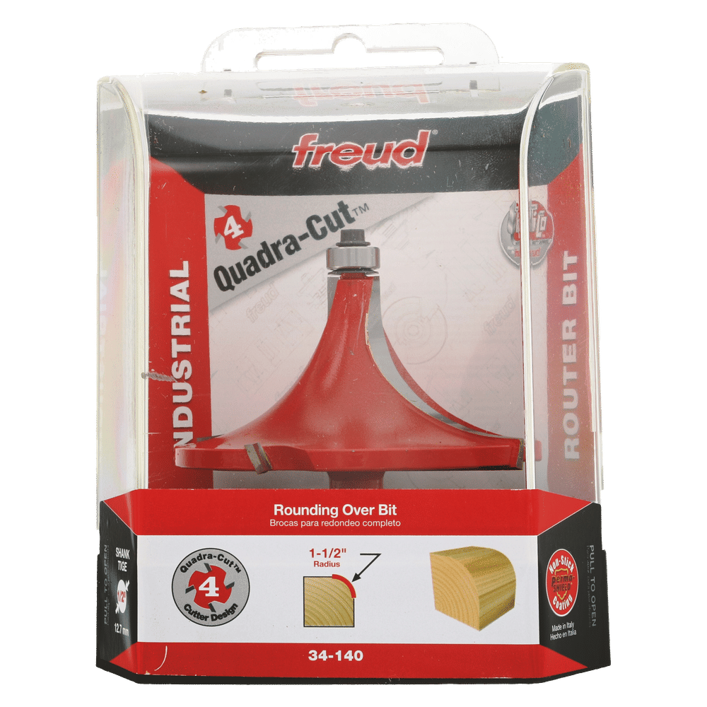 Freud 34-140 rounding over bit with red body and metal shank in clear plastic clamshell packaging.
