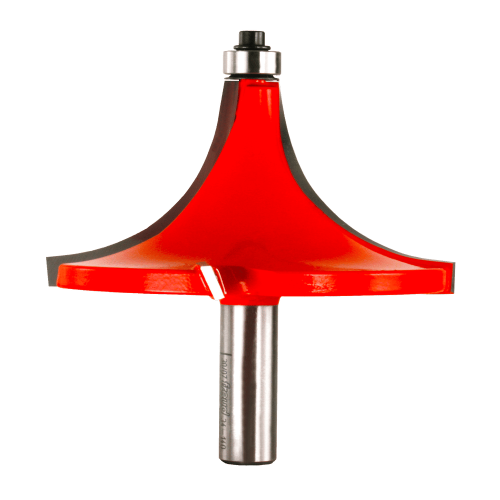 Red and black rounding over router bit with curved cutting surface and metal shank.