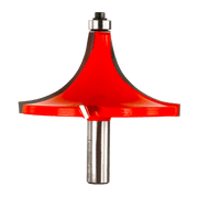 Red and black rounding over router bit with curved cutting surface and metal shank.