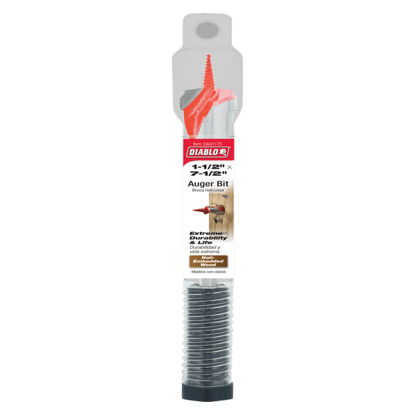 Diablo 1.5 inch auger bit with red cutting head and gray packaging, displayed vertically in clear tube.