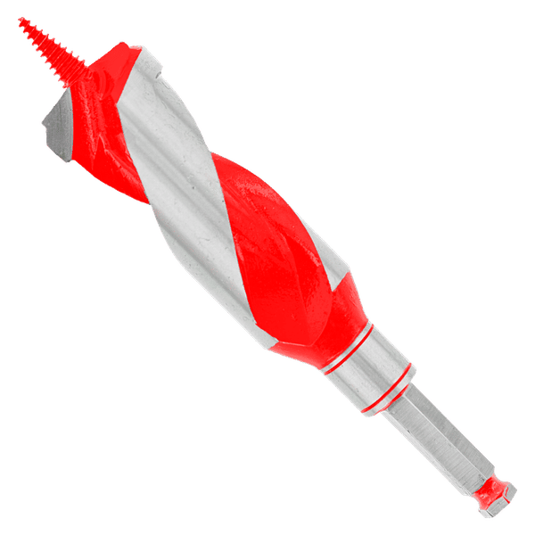 Red and gray auger bit with spiral flutes and pointed tip for drilling wood.