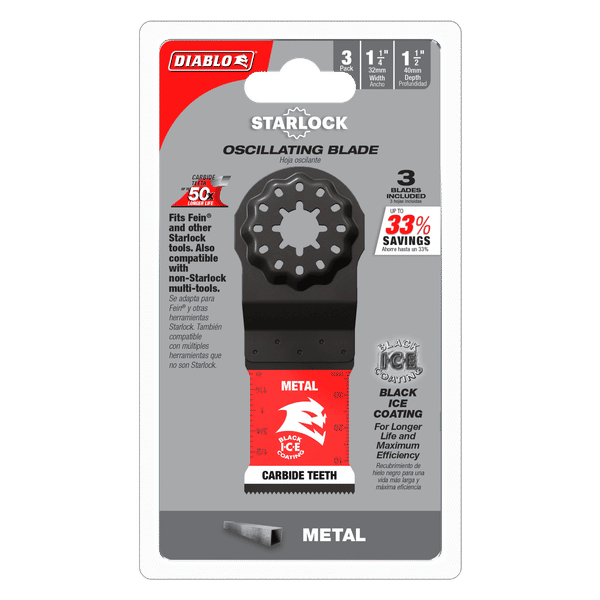 Three-pack of Diablo 1-1/4" Starlock carbide oscillating blades with black coating for metal cutting.