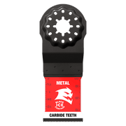Black and red oscillating blade with carbide teeth and Starlock interface for metal cutting.