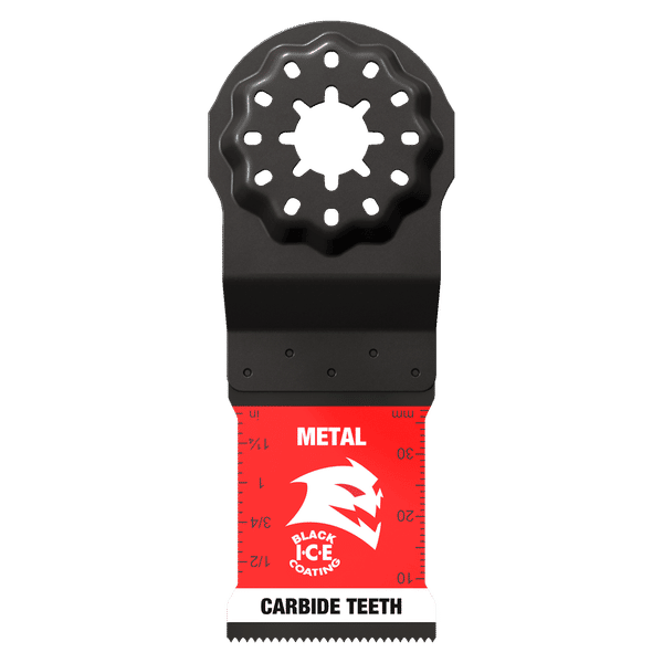 Black and red oscillating blade with carbide teeth and Starlock interface for metal cutting.