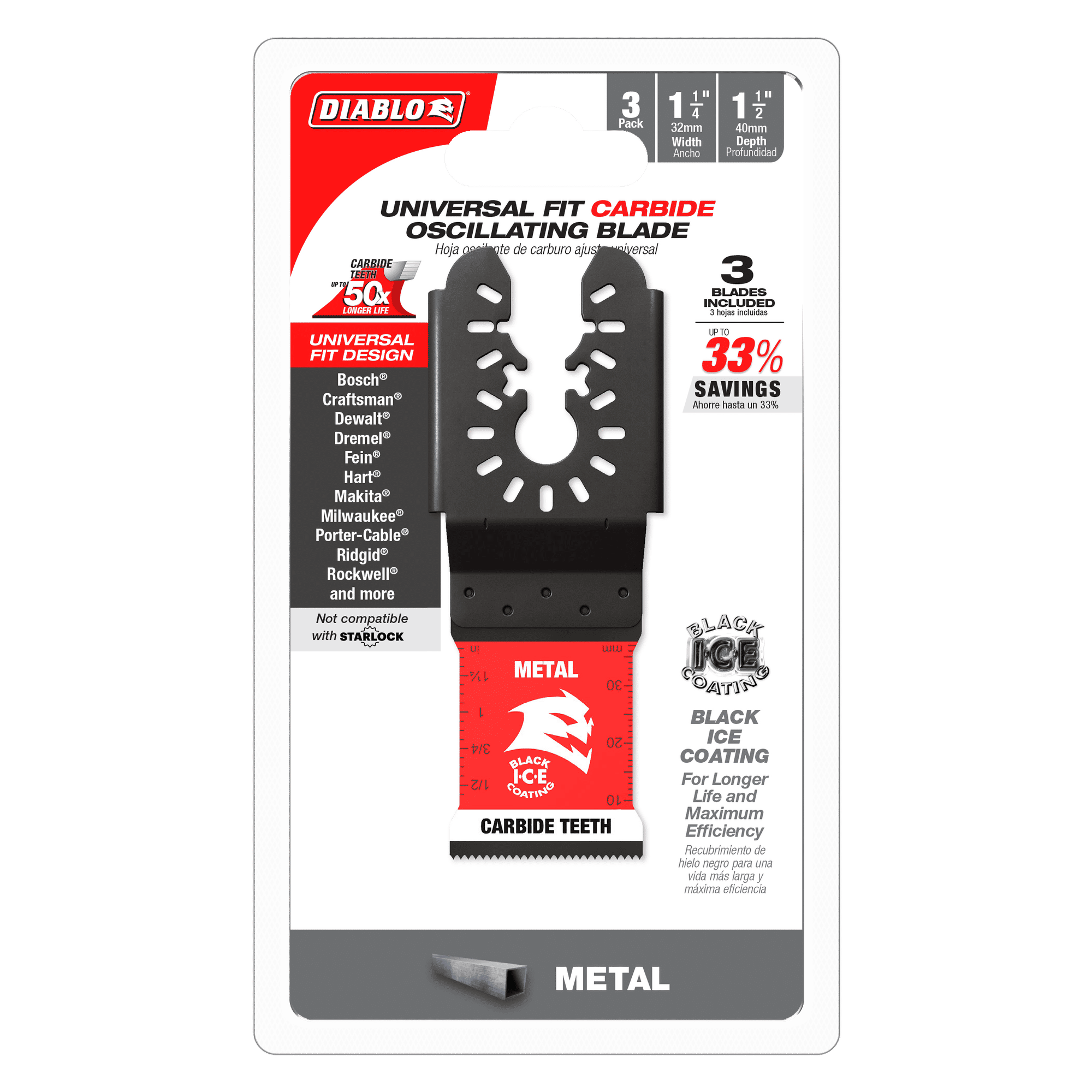 Three Diablo carbide-toothed oscillating blades with universal fit design and black ice coating for metal cutting.