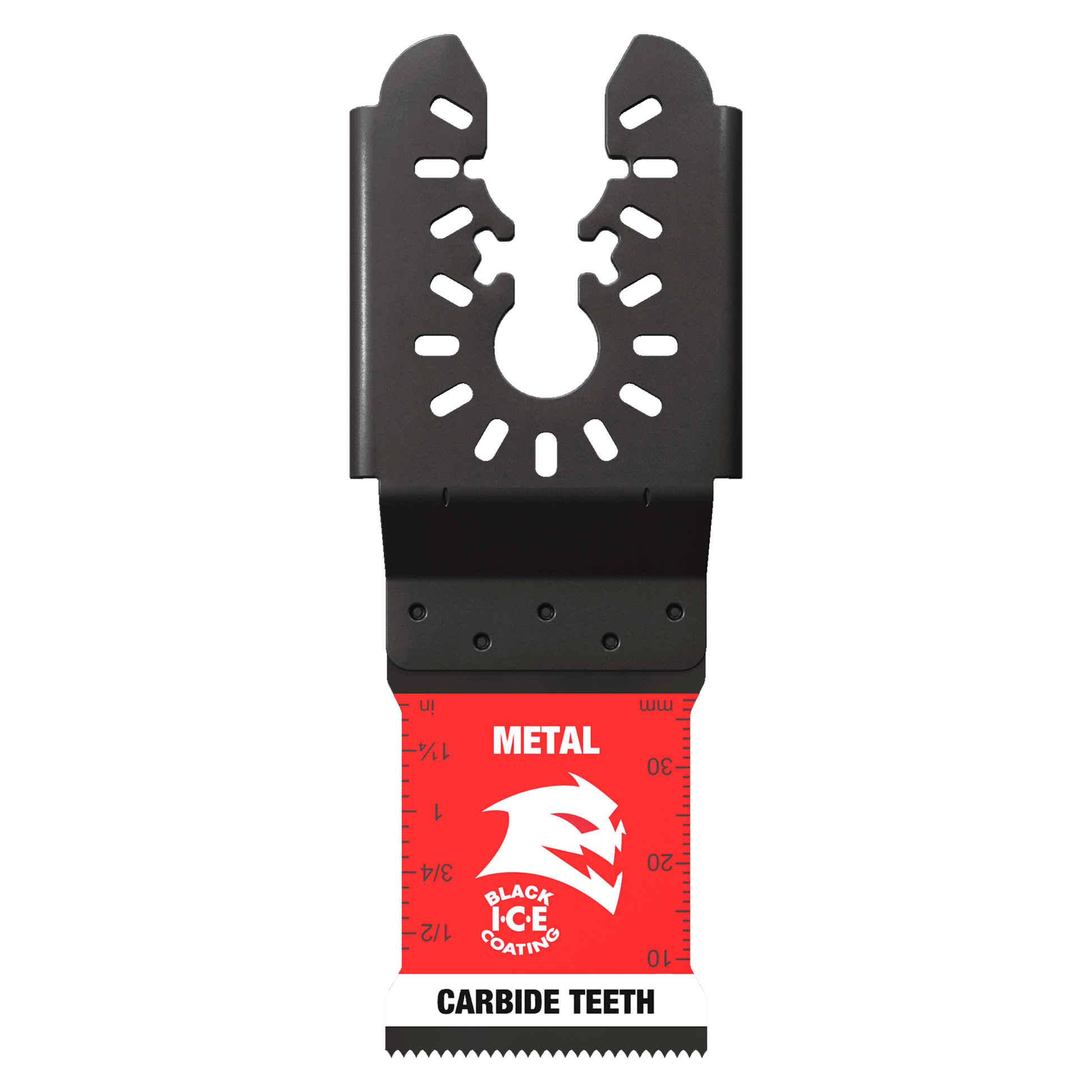 Black oscillating blade with carbide teeth edge, red base with "Black Ice Coating" branding, and universal fit mounting holes