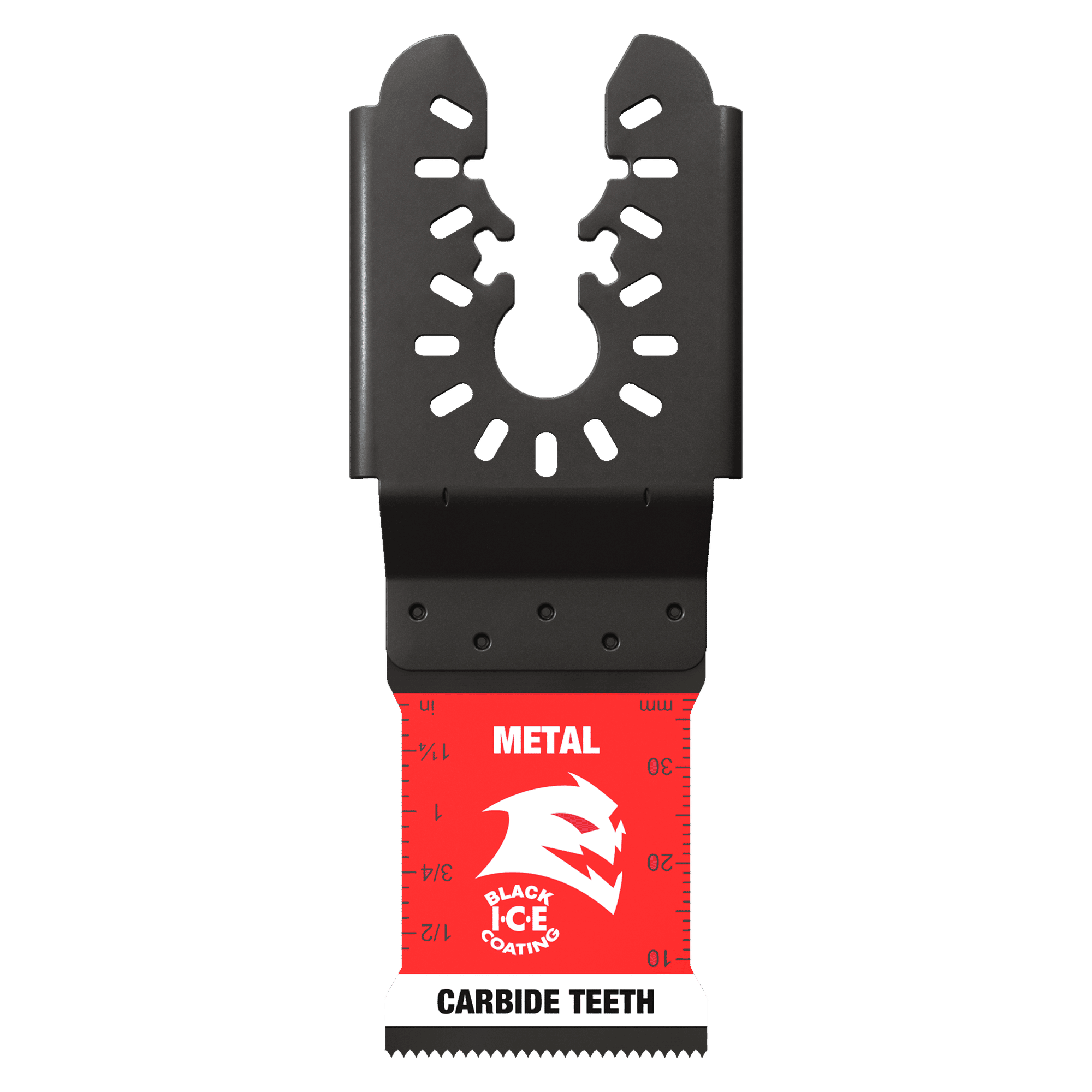 Black oscillating blade with carbide teeth edge, red base with "Black Ice Coating" branding, and universal fit mounting holes