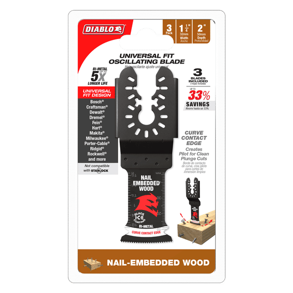 Black bi-metal oscillating blade with nail-embedded wood design and curved contact edge for universal fit power tools.