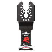 Black bi-metal oscillating saw blade with curved cutting edge and U-shaped top for universal fit attachment.