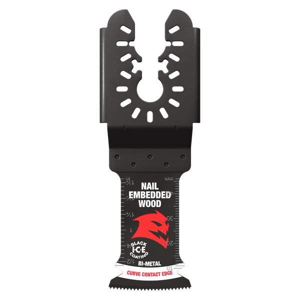 Black bi-metal oscillating saw blade with curved cutting edge and U-shaped top for universal fit attachment.
