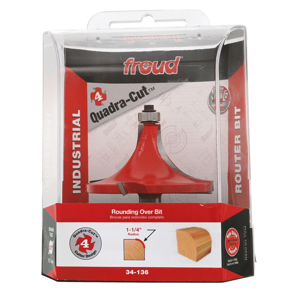 Freud 34-136 rounding over bit with red body and metal shank in clear plastic packaging.