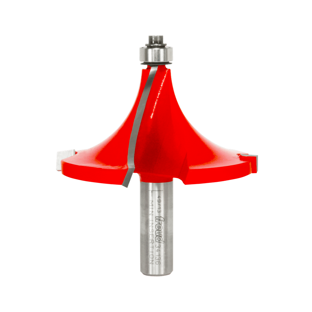 Red rounding over router bit with 1-1/4" radius, steel shank, and multi-flute cutting design.