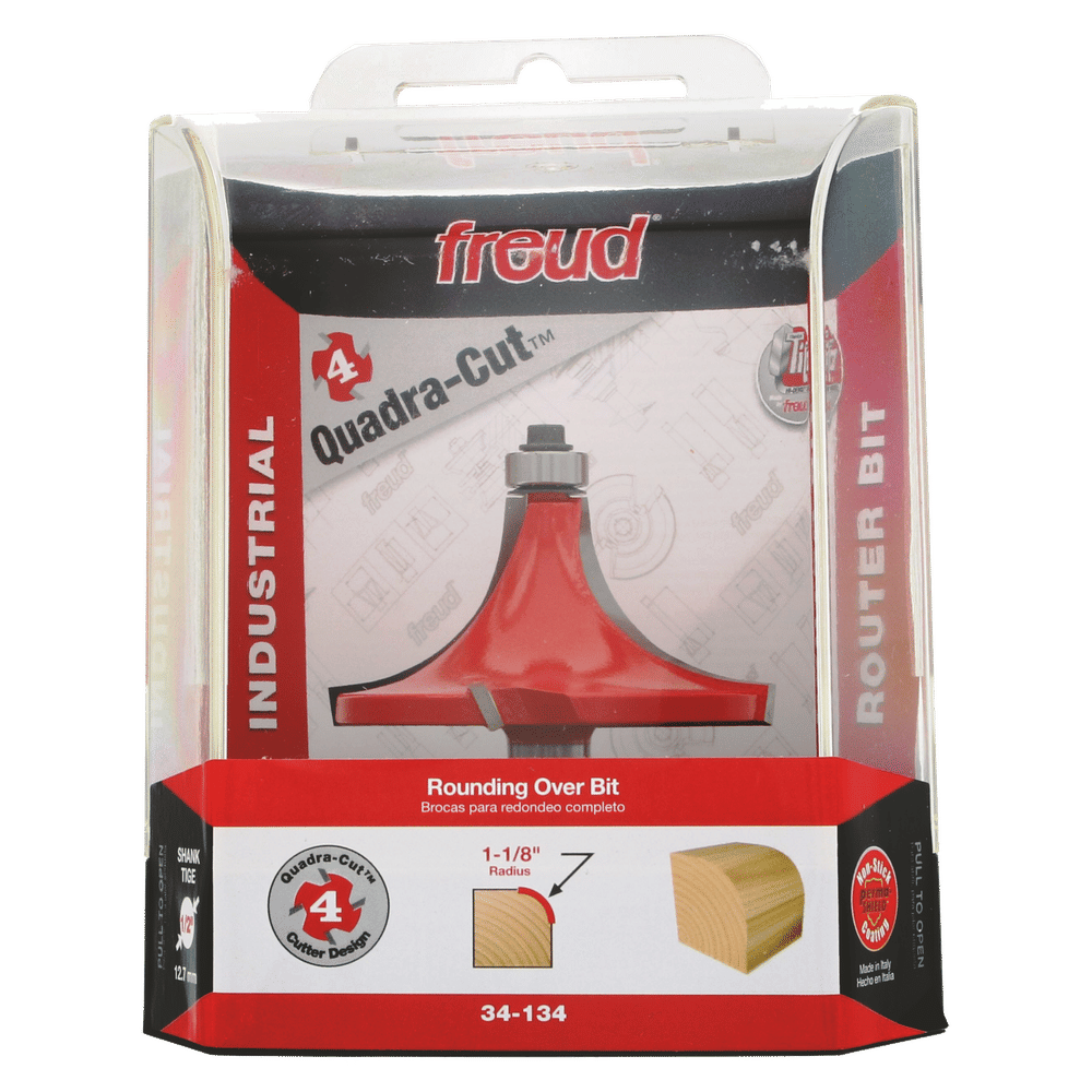 Freud Quadra-Cut rounding over bit with red cone-shaped cutting head and gray shank in clear plastic packaging.