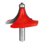 Red and gray router bit with rounded cutting head and metal shaft labeled Freud.
