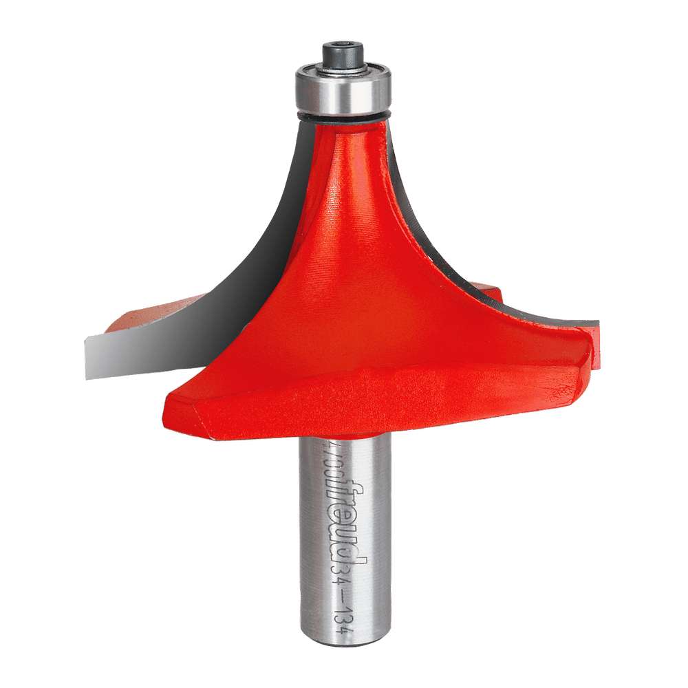 Red and gray router bit with rounded cutting head and metal shaft labeled Freud.