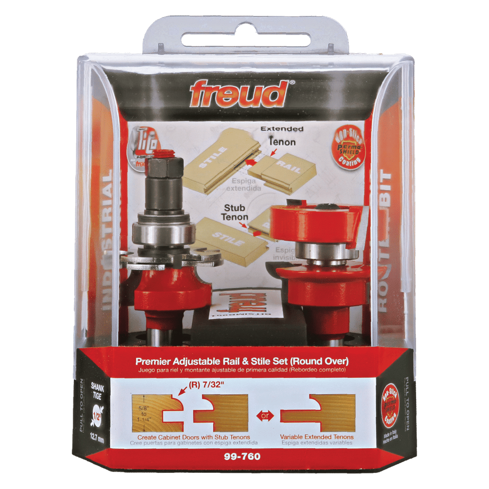 Freud Premier Adjustable Rail & Stile Bit set with red router bits, extended and stub tenon pieces, and instruction diagrams 