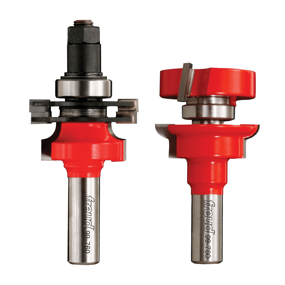 Two Freud router bits with red composite bodies, metal shanks, and adjustable rail and stile components shown from front and 