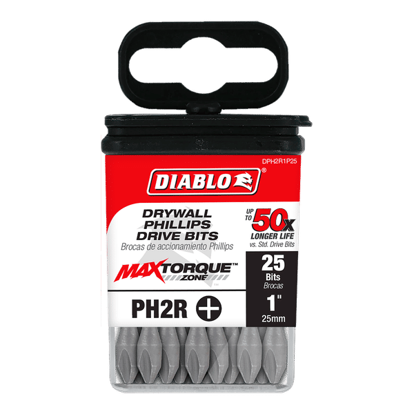 Clear plastic case containing 25 gray Diablo PH2R Phillips drive bits with black handle attachment on top.