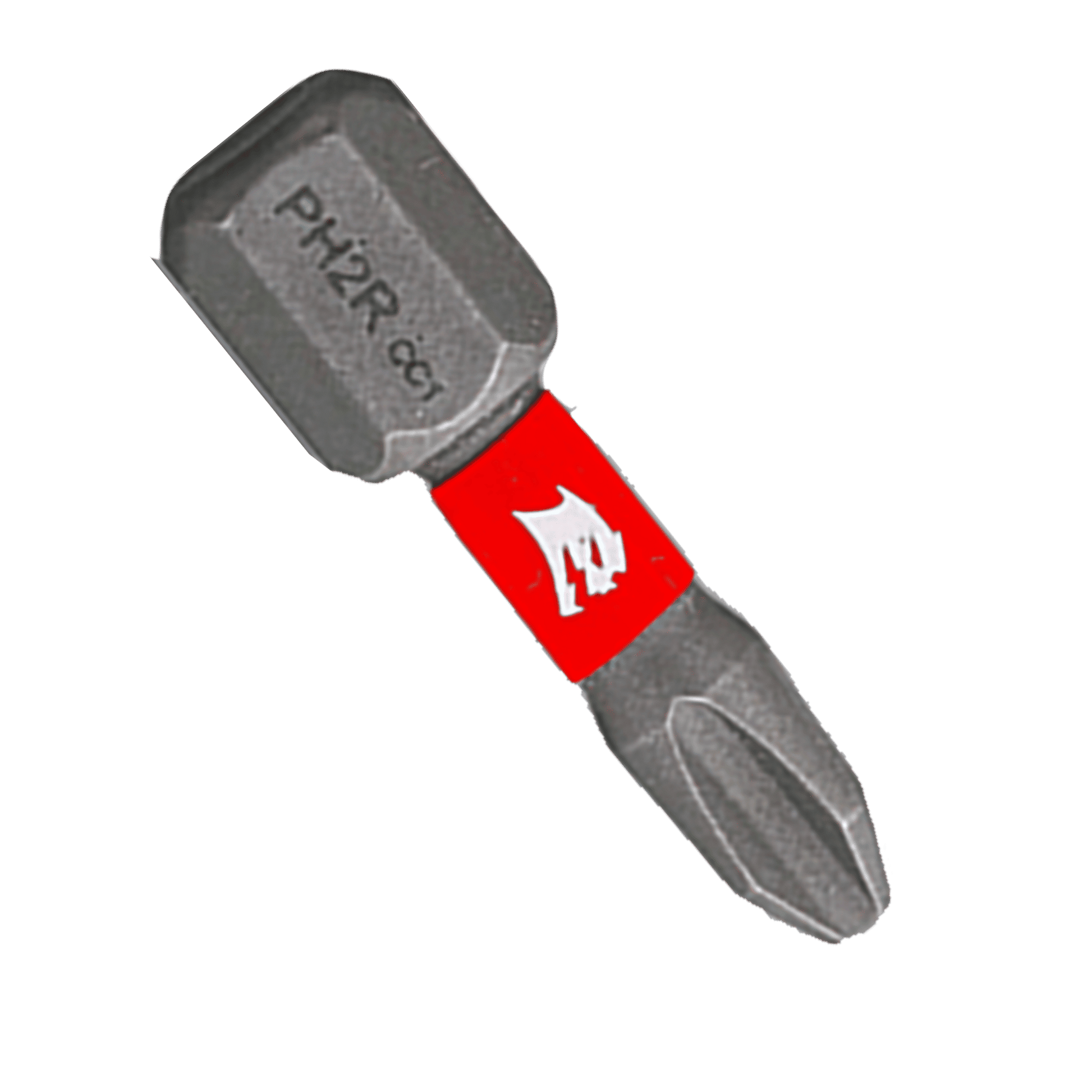 Number 2 reduced Phillips drive bit with gray head, red band, and gray shaft.
