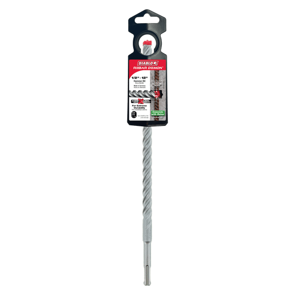 Diablo Rebar Demon SDS-Plus hammer drill bit with gray fluted shaft and carbide cutting head, packaged in red and black blist
