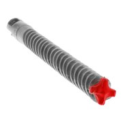 SDS-Plus hammer drill bit with ribbed gray shaft and red four-cutter carbide head.