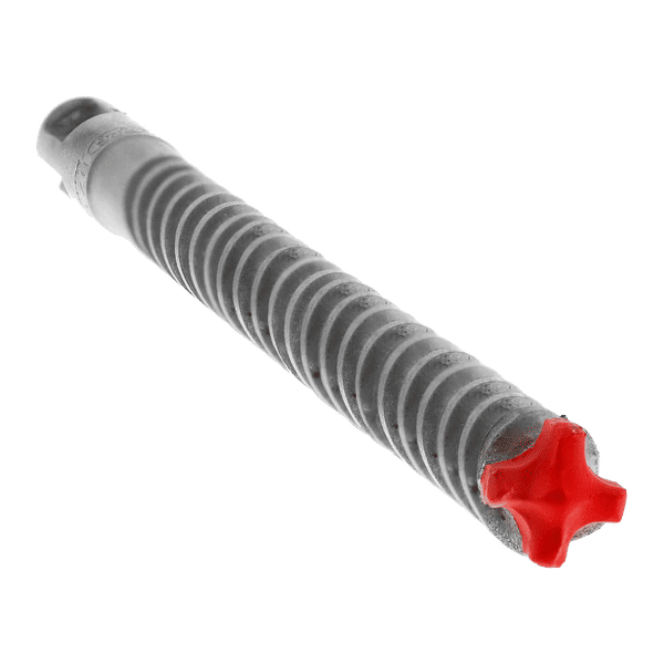 SDS-Plus hammer drill bit with ribbed gray shaft and red four-cutter carbide head.