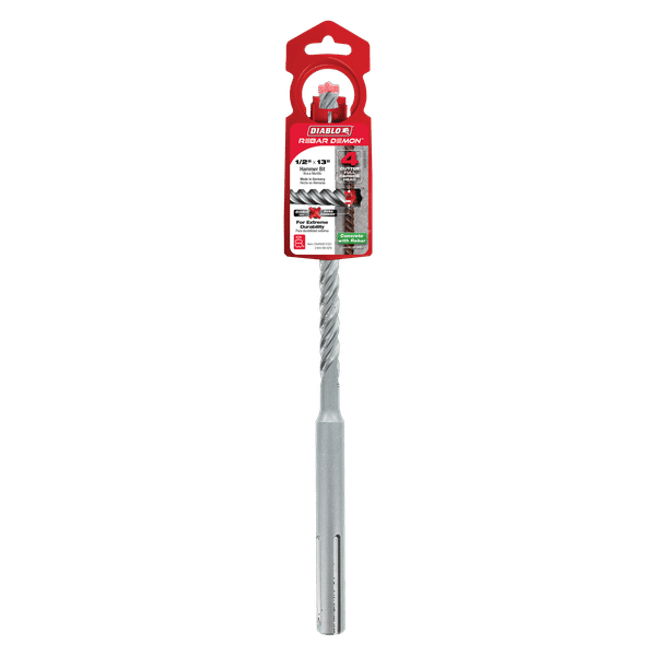 SDS-Max hammer drill bit with spiral flutes and carbide cutting head, packaged in red branded clamshell.