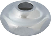 Chrome-plated cap nut with domed design and center opening for faucet installation.